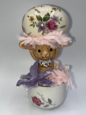 Vintage Ceramic Brown Tumbling Bunny Flower Necklace Ceramic Egg in Teacup OOAK